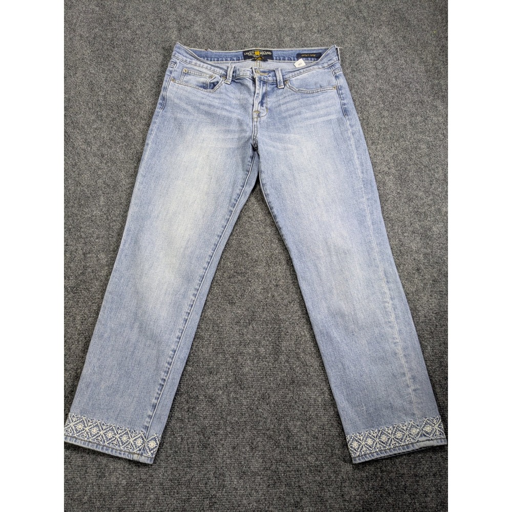 Lucky Brand Sweet Crop Jeans Womens 8/29 Light Blue Embroidered Hem Straight Leg